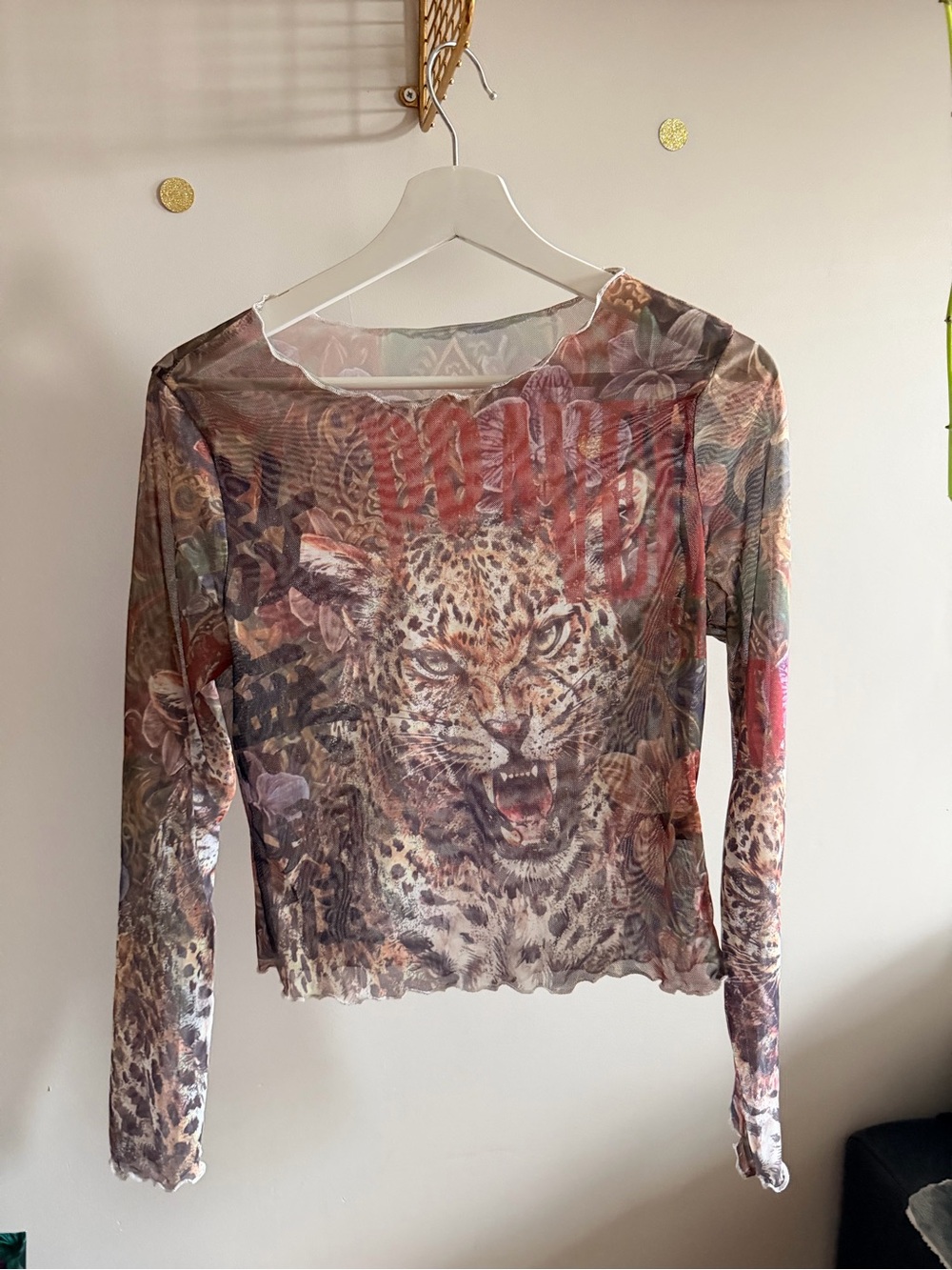 Women’s Size Large Leopard Graphic Sheer Mesh Long Sleeve Top – Y2K